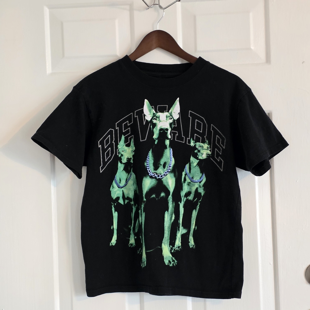 PacSun Black Tee with Neon Green Doberman Graphic